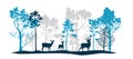 Blue and gray set of trees of different shapes and sizes, deer, doe, fawn. Brush. Silhouettes of forest and animals. Royalty Free Stock Photo