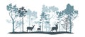 Blue and gray set of trees of different shapes and sizes, deer, doe, fawn. Brush. Silhouettes of forest and animals.