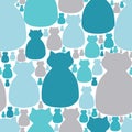 Blue Gray Teal Busy Cat silhouettes seamless vector pattern