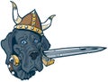 Blue Great Dane cartoon mascot head with viking helmet and sword Royalty Free Stock Photo