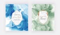 Blue and green alcohol ink cards with geometric marble frames. Abstract hand painted background. Fluid art painting design. Trendy Royalty Free Stock Photo