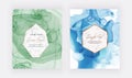 Blue and green alcohol ink cards with geometric marble frames. Abstract hand painted background. Fluid art painting design. Trendy Royalty Free Stock Photo