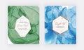 Blue and green alcohol ink cards with geometric marble frames and golden leaves . Abstract hand painted background. Fluid art pain Royalty Free Stock Photo