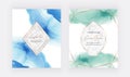 Blue and green alcohol ink cards with marble and gold polygonal frames. Abstract hand painted background. Fluid art painting desig Royalty Free Stock Photo