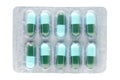 Blue green antibiotic pills gelatin capsule in blister pack Royalty Free Stock Photo