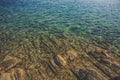 Blue and green colorful sea water shoreline with stone rocky shallow bottom, aerial landscape photography background Royalty Free Stock Photo