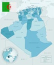 Blue-green detailed map of Algeria administrative divisions with country flag and location on the globe