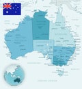 Blue-green detailed map of Australia and administrative divisions with country flag and location on the globe Royalty Free Stock Photo