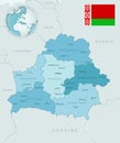 Blue-green detailed map of Belarus and administrative divisions with country flag and location on the globe