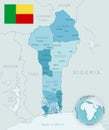 Blue-green detailed map of Benin administrative divisions with country flag and location on the globe