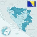 Blue-green detailed map of Bosnia and Herzegovina administrative divisions with country flag and location on the globe Royalty Free Stock Photo