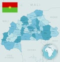 Blue-green detailed map of Burkina Faso administrative divisions with country flag and location on the globe