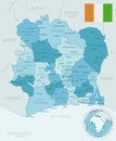 Blue-green detailed map of Cote d`Ivoire administrative divisions with country flag and location on the globe