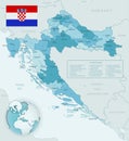 Blue-green detailed map of Croatia administrative divisions with country flag and location on the globe Royalty Free Stock Photo
