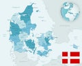 Blue-green detailed map of Denmark administrative divisions with country flag and location on the globe Royalty Free Stock Photo