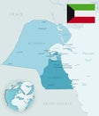 Blue-green detailed map of Kuwait administrative divisions with country flag and location on the globe Royalty Free Stock Photo
