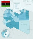 Blue-green detailed map of Libya administrative divisions with country flag and location on the globe