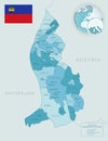 Blue-green detailed map of Liechtenstein administrative divisions with country flag and location on the globe