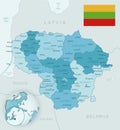 Blue-green detailed map of Lithuania administrative divisions with country flag and location on the globe. Royalty Free Stock Photo