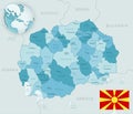 Blue-green detailed map of Macedonia administrative divisions with country flag and location on the globe.