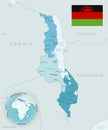 Blue-green detailed map of Malawi administrative divisions with country flag and location on the globe