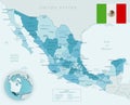 Blue-green detailed map of Mexico administrative divisions with country flag and location on the globe