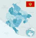 Blue-green detailed map of Montenegro administrative divisions with country flag and location on the globe