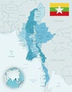 Blue-green detailed map of Myanmar administrative divisions with country flag and location on the globe