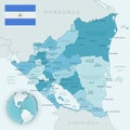 Blue-green detailed map of Nicaragua administrative divisions with country flag and location on the globe