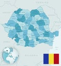 Blue-green detailed map of Romania administrative divisions with country flag and location on the globe