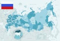 Blue-green detailed map of Russia administrative divisions with country flag and location on the globe Royalty Free Stock Photo