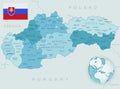 Blue-green detailed map of Slovakia administrative divisions with country flag and location on the globe.