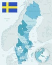 Blue-green detailed map of Sweden administrative divisions with country flag and location on the globe. Royalty Free Stock Photo