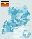 Blue-green detailed map of Uganda and administrative divisions with country flag and location on the globe