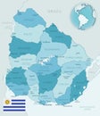 Blue-green detailed map of Uruguay administrative divisions with country flag and location on the globe