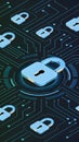 Blue and green digital circuitry with padlocks symbolizing cybersecurity themes