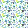 Blue green eggs and bunny Easter pattern tile on white background. Watercolor Easter wrapping tissue swatch Royalty Free Stock Photo