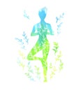 Blue and green female silhouette doing yoga