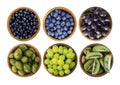 Blue and green food isolated on white background. Collage of different fruits and berries. Blueberries, blueberries, grapes, goose Royalty Free Stock Photo