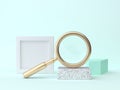 Blue-green geometric scene 3d rendering gold magnifying glass abstract