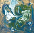 Blue, green and gold liquid texture. Hand drawn marbling background. Ink marble abstract pattern Royalty Free Stock Photo