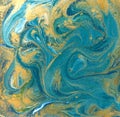 Blue, green and gold liquid texture. Hand drawn marbling background. Ink marble abstract pattern