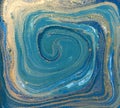 Blue, green and gold liquid texture. Hand drawn marbling background. Ink marble abstract pattern
