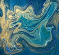 Blue, green and gold liquid texture. Hand drawn marbling background. Ink marble abstract pattern Royalty Free Stock Photo