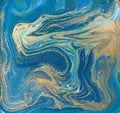 Blue, green and gold liquid texture. Hand drawn marbling background. Ink marble abstract pattern