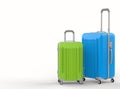 Blue and green hard case luggages