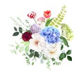 Blue, green hydrangea flowers, white peony, tulips, purple hyacinth, red carnation, spring greenery Royalty Free Stock Photo