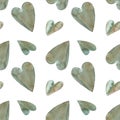 Blue, green and light brown hearts for Valentine\'s Day, watercolour seamless pattern