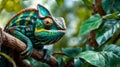 Blue and green lizard perched on tree branch. Generative AI Royalty Free Stock Photo