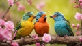 Blue and green Lovebird parrots sitting together on a tree branch Royalty Free Stock Photo